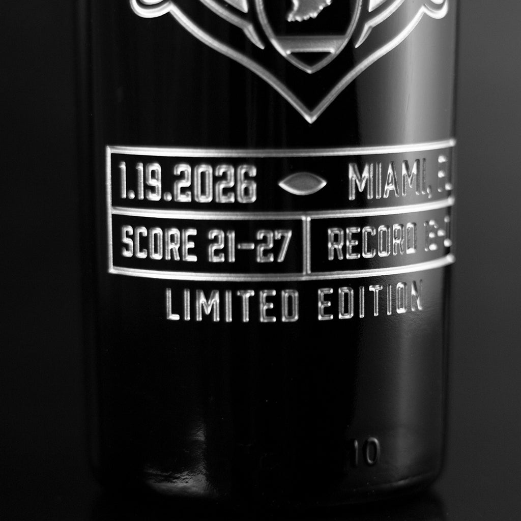 1.19.2026, Miami, FL, Score 21-27, Record 16-0, and Limited Edition etched in silver on Indiana University 2025 National Champions Etched Wine bottle