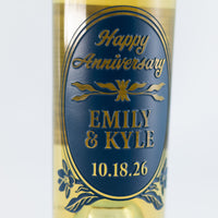 Close up of Mano's Wine Anniversary Floral Frame Chardonnay Custom Etched Wine bottle