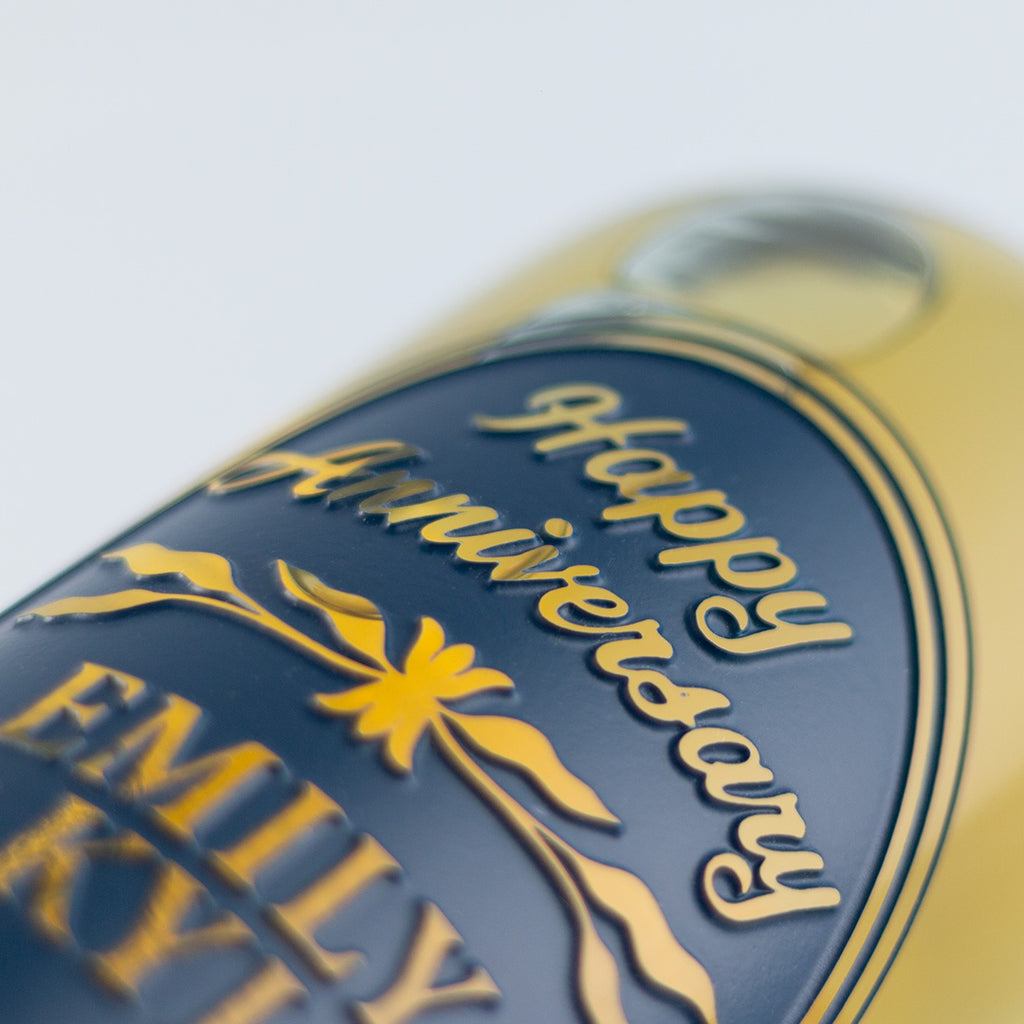 Happy Anniversary and couple name deep etched on Anniversary Floral Frame Chardonnay Custom Etched Wine bottle