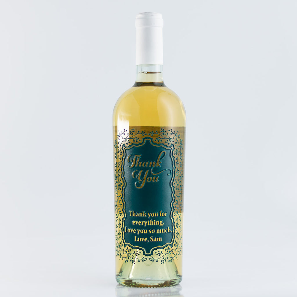 Custom Thank You Foliage Frame Chardonnay Etched Wine