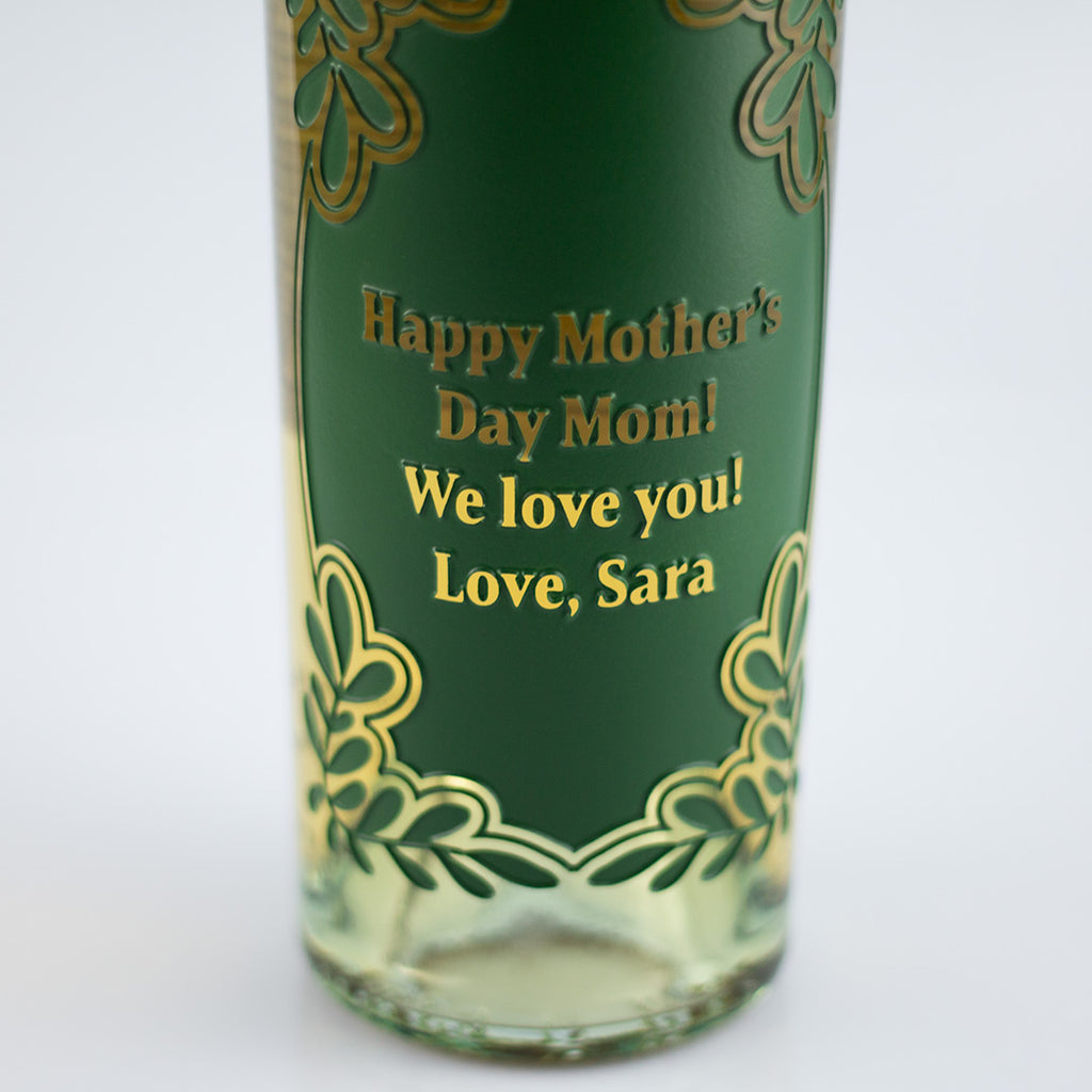 Custom Text Greenery Frame Chardonnay Etched Wine