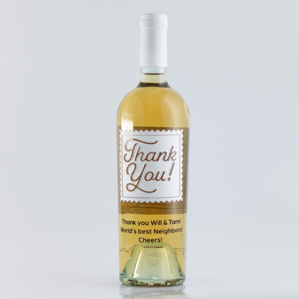 Show your appreciation with a Thank You Stamp Chardonnay Custom Etched Wine bottle from Mano's Wine