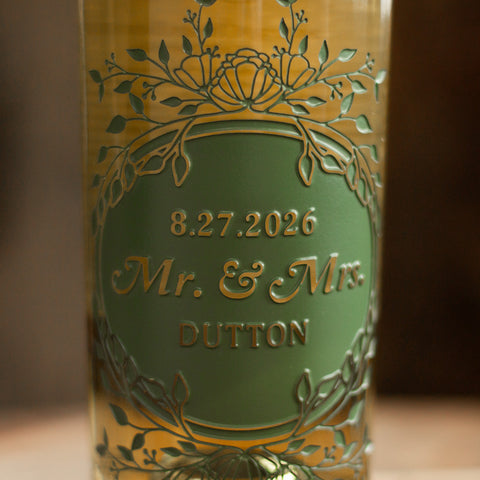Wedding Foliage Frame Chardonnay Custom Etched Wine
