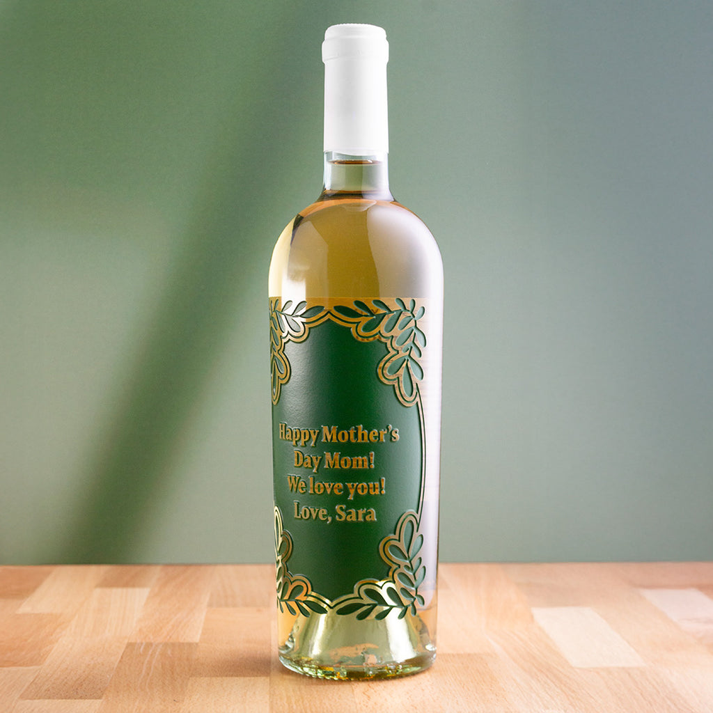 Custom Text Greenery Frame Chardonnay Etched Wine