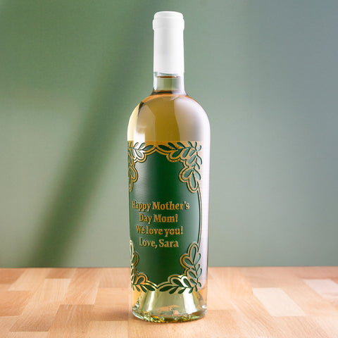 Custom Text Greenery Frame Chardonnay Etched Wine