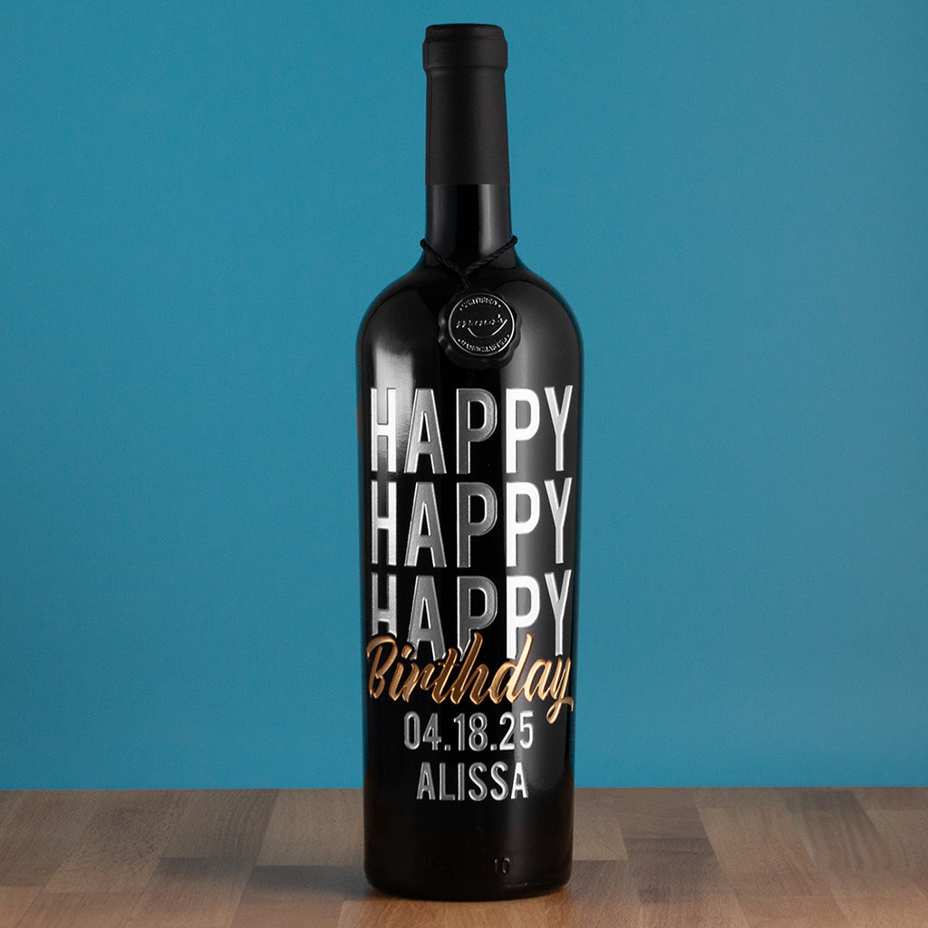 Happy Happy Happy Birthday Script Custom Etched Wine