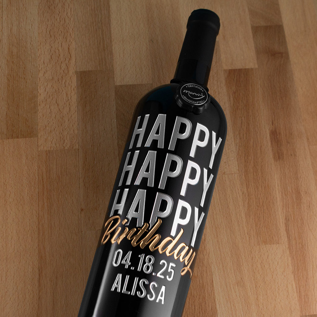 Happy Happy Happy Birthday Script Custom Etched Wine