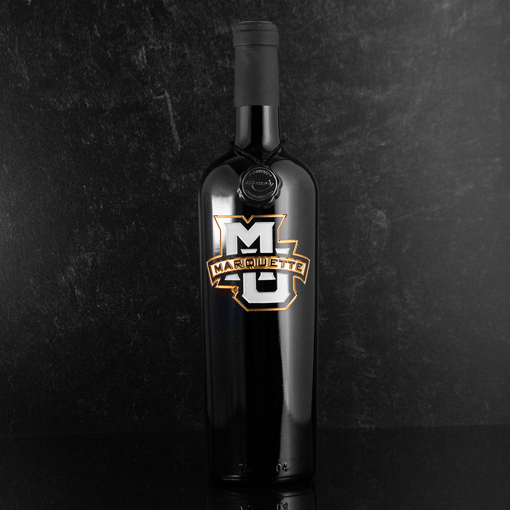 Marquette University Logo Etched Wine Bottle