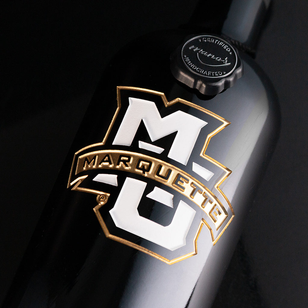 Marquette University Logo Etched Wine Bottle