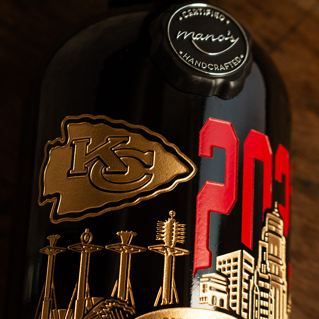 Chiefs 2023 Champions City Etched Wine Bottle