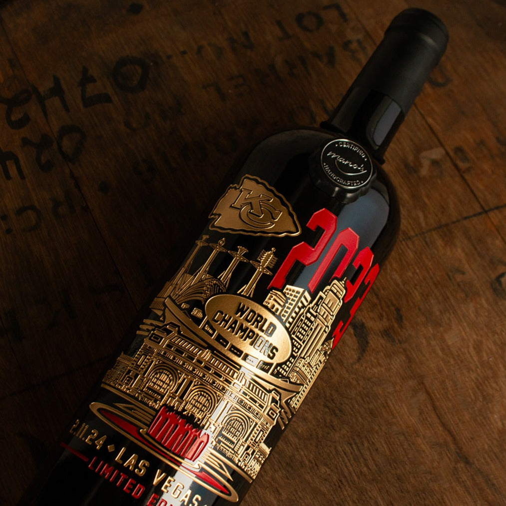 Chiefs 2023 Champions City Etched Wine Bottle
