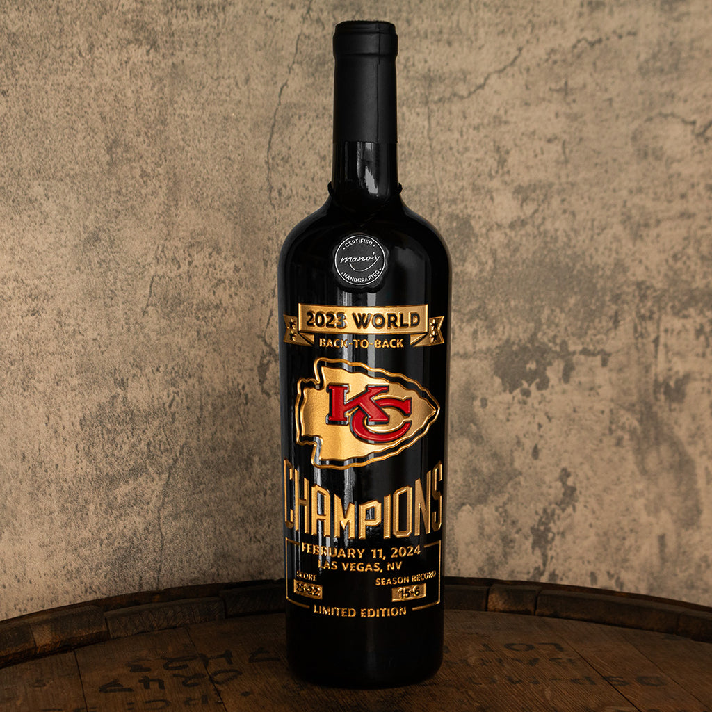 Chiefs 2023 Champions Etched Wine Bottle