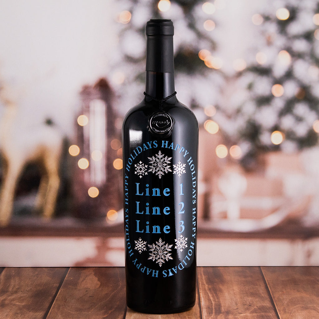 Happy Holidays Snowflake Custom Etched Wine Bottle
