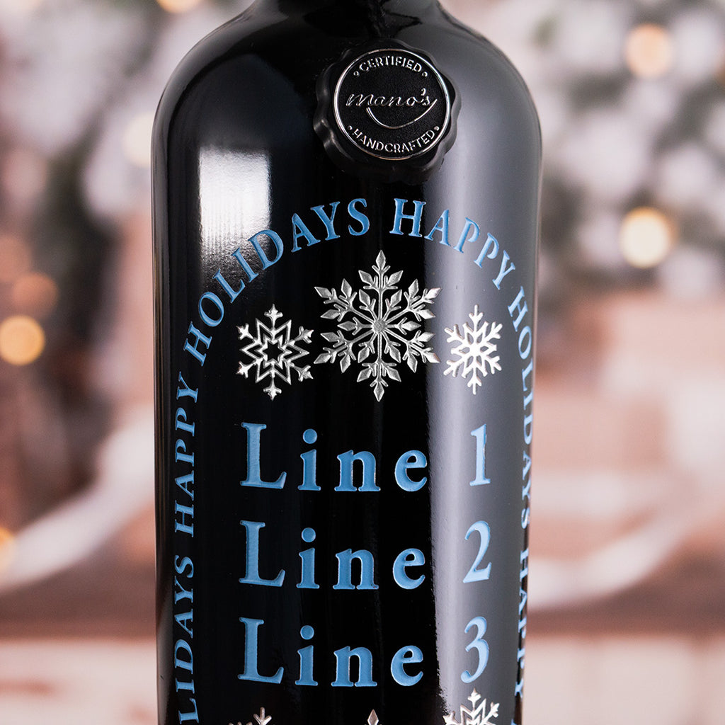 Happy Holidays Snowflake Custom Etched Wine Bottle