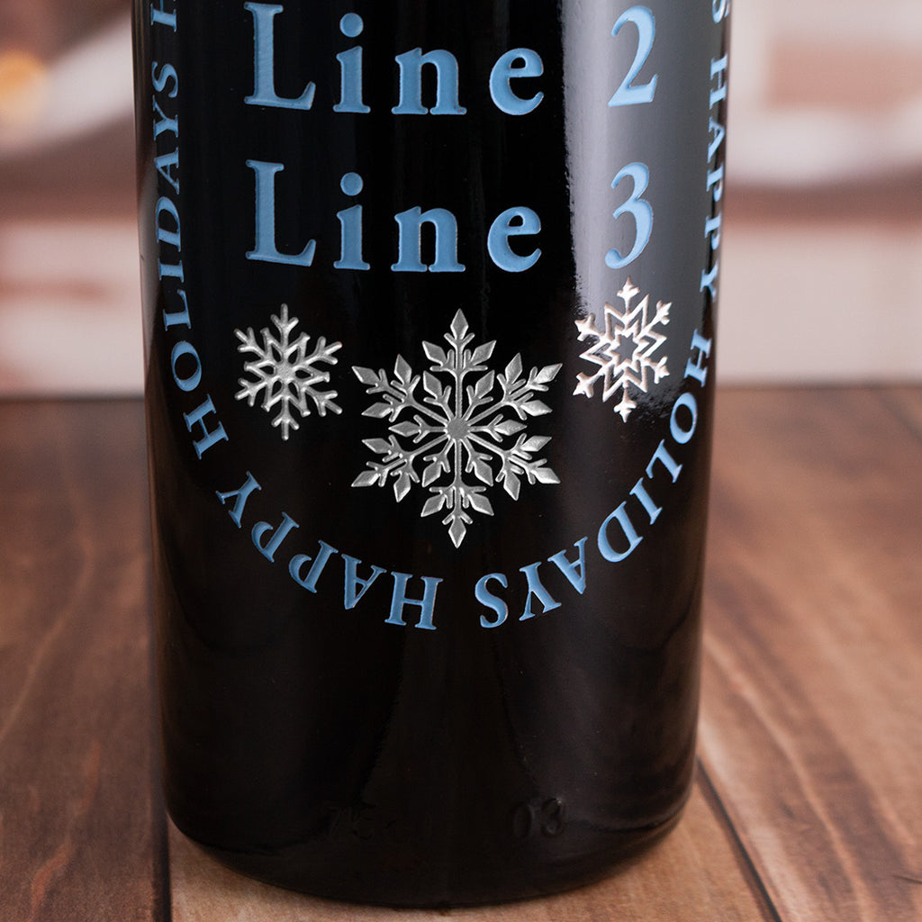 Happy Holidays Snowflake Custom Etched Wine Bottle
