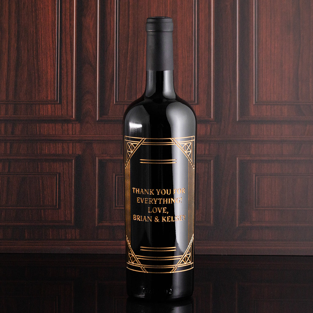 Custom Text Gold Frame Etched Wine Bottle