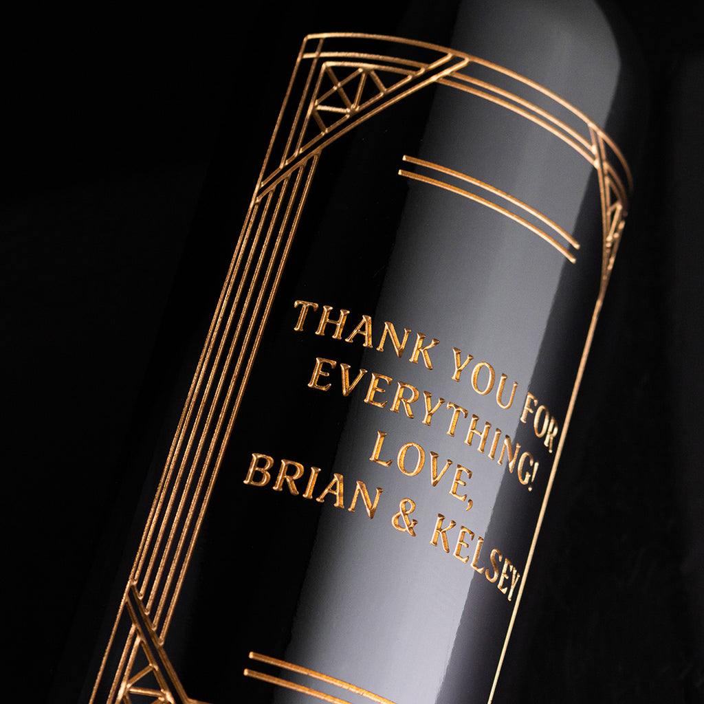 Custom Text Gold Frame Etched Wine Bottle