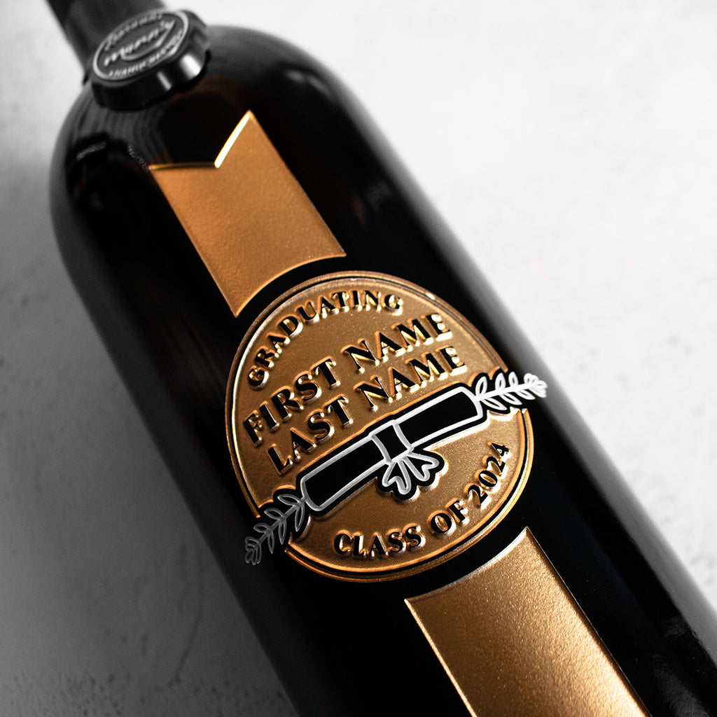 Add your graduate's name and graduating class to a bottle of Custom Graduation Award Etched Wine