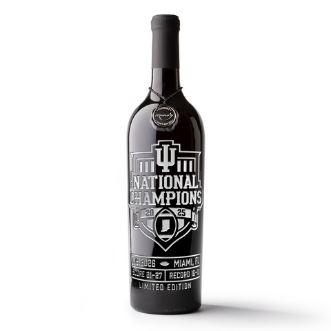 Indiana University 2025 National Champions Etched Wine bottle featuring championship game details