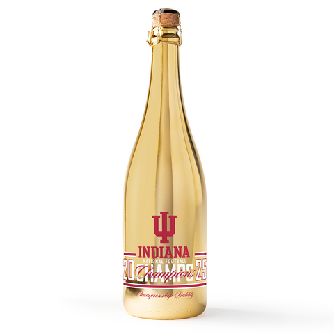 Mano's Wine gold bubbly wine bottle with red Indiana University logo and white 2025 National Football Champs