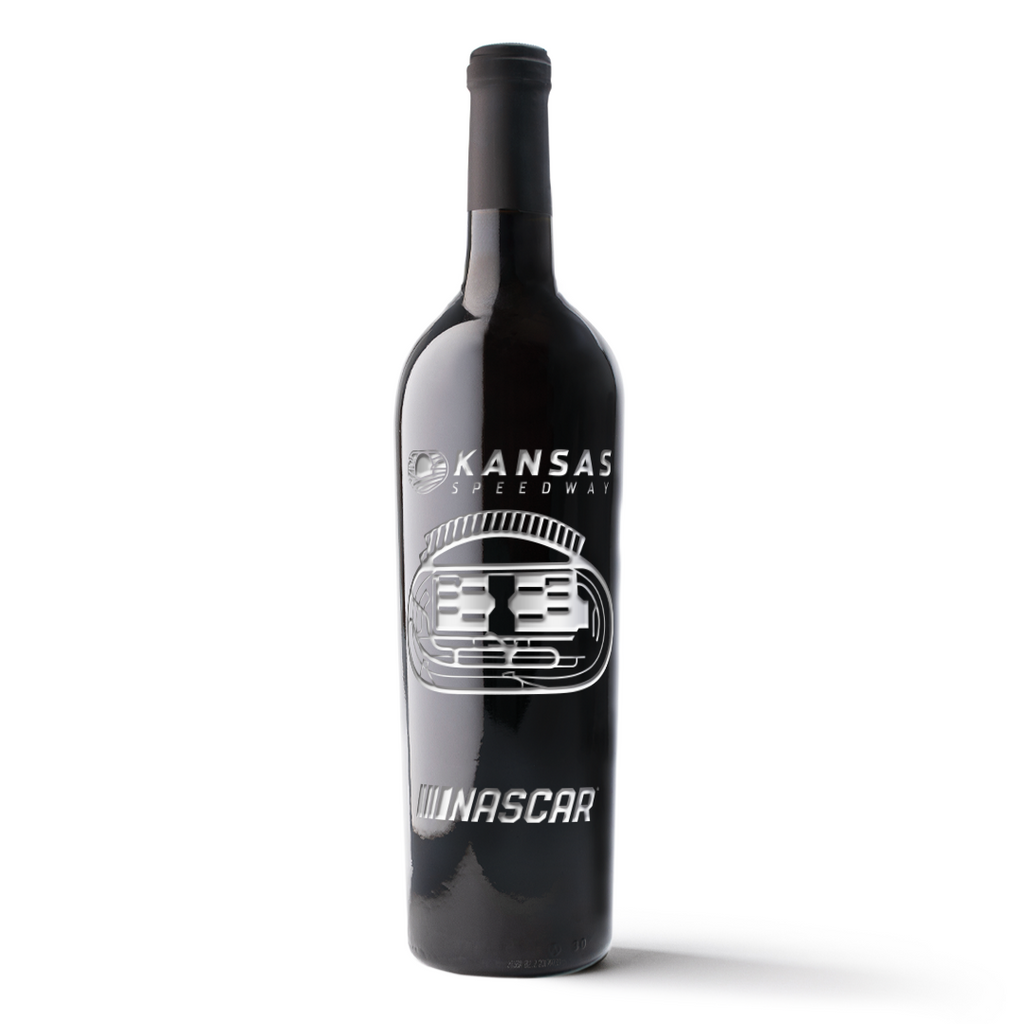 Mano's Wine bottle featuring Kansas Speedway, race track, and NASCAR logo etched on the bottle