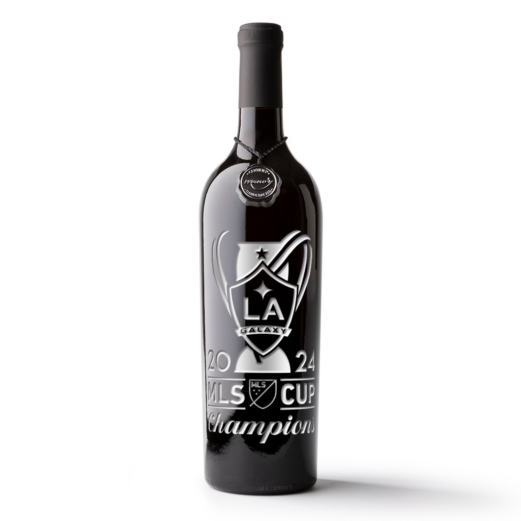 LA Galaxy 2024 MLS Cup Champions etched wine bottle from Mano's Wine