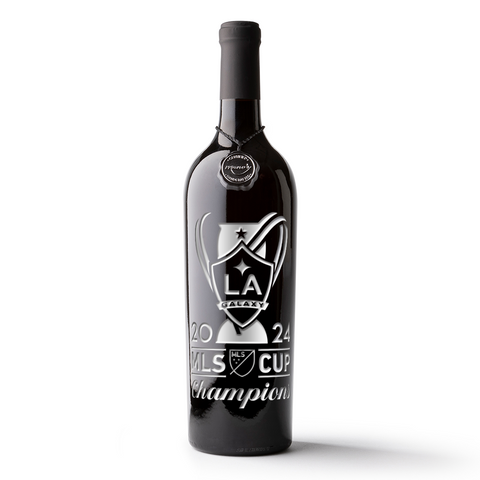 LA Galaxy 2024 MLS Cup Champions etched wine bottle from Mano's Wine