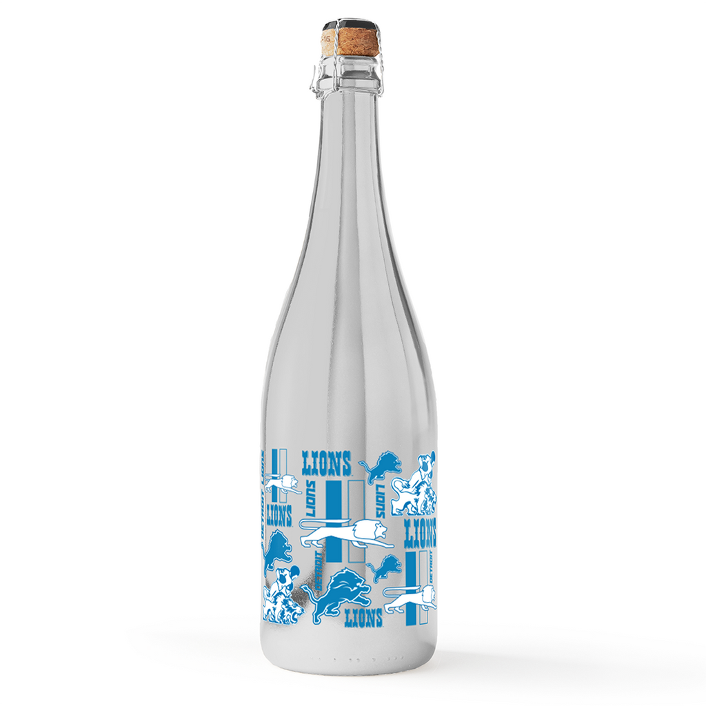 Detroit Lions silver bottle of bubbly wine from Mano's Wine on a white background
