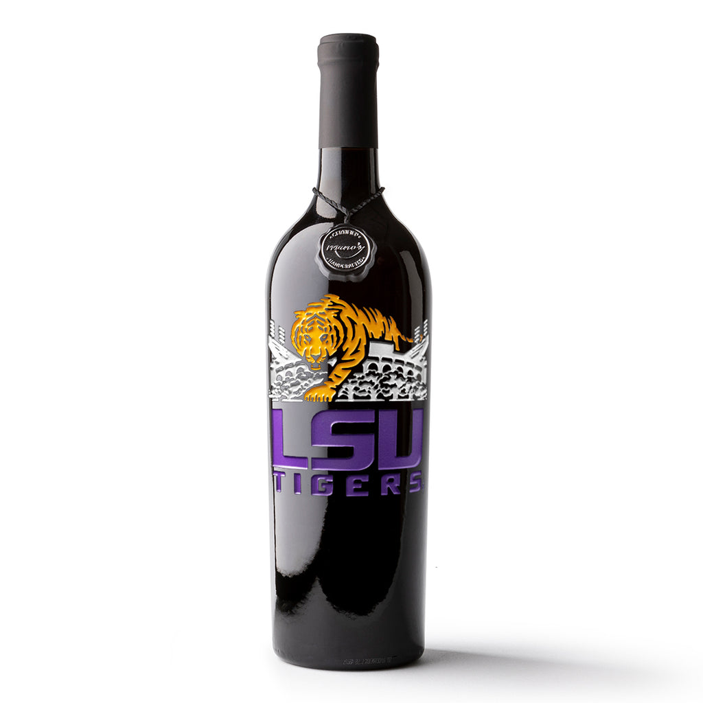 Louisiana State University LSU Tigers etched design of tiger on the stadium on a wine bottle from Mano's Wine