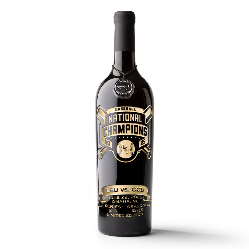 Cabernet sauvignon wine bottle etched with LSU baseball 2025 national champions in gold text