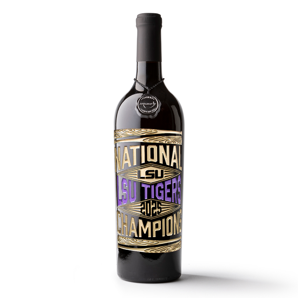 Mano's Wine bottle with LSU Tigers 2025 baseball national championship etched on the bottle