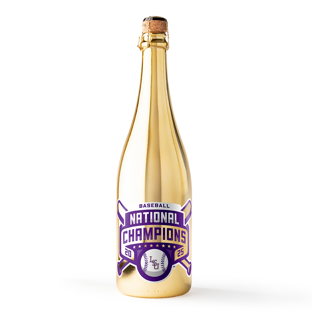 Gold bottle of bubbly wine featuring LSU 2025 baseball national champions from Mano's Wine