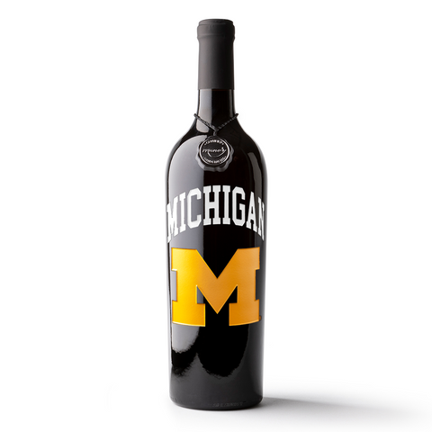 University of Michigan gold "M" Logo Etched Wine from Mano's Wine