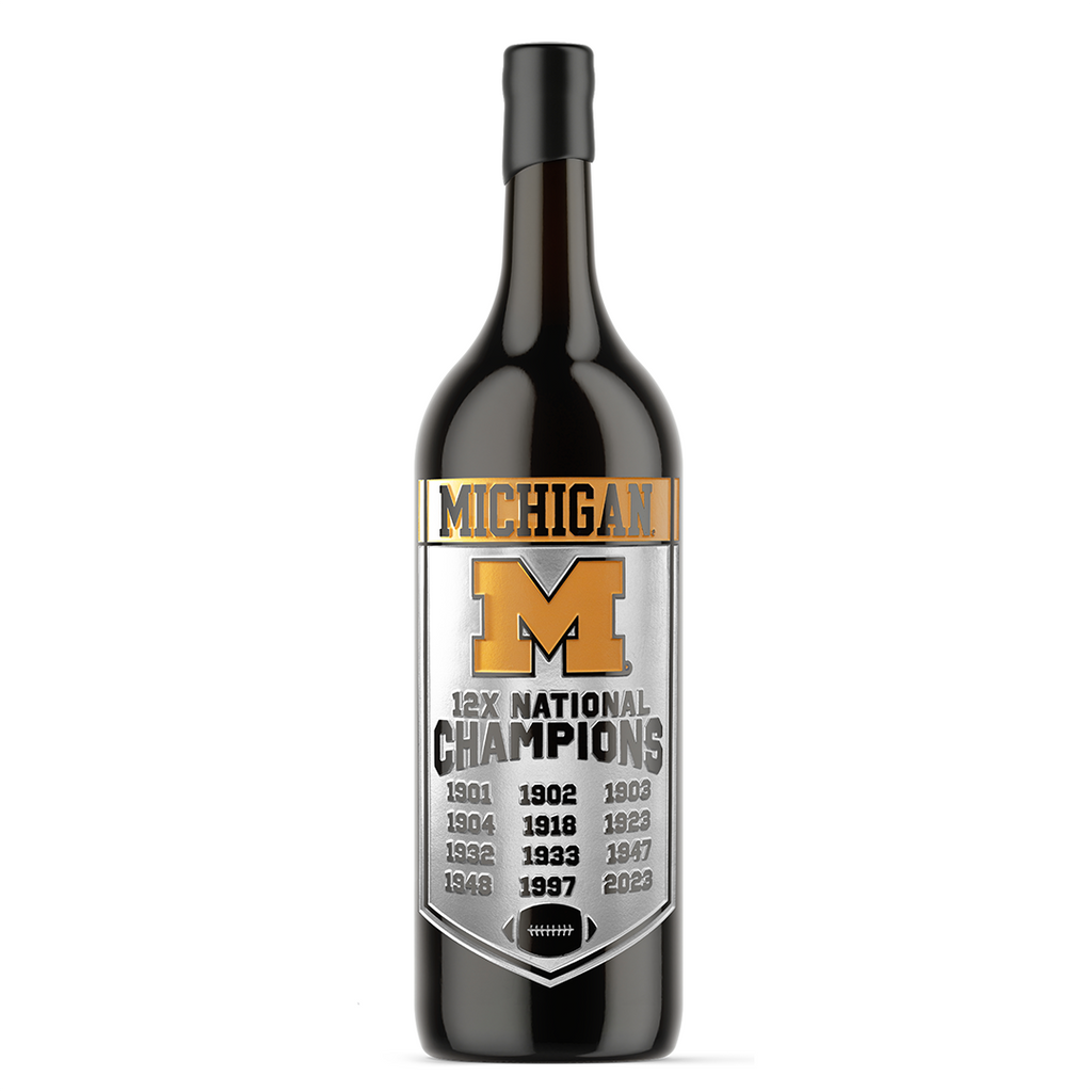 Mano's Wine University of Michigan Wolverines 12 time National Champions etched wine bottle