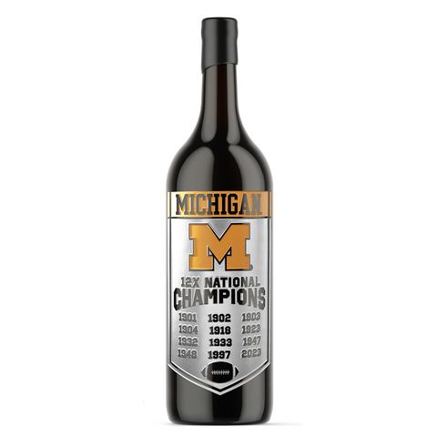 Mano's Wine University of Michigan Wolverines 12 time National Champions etched wine bottle