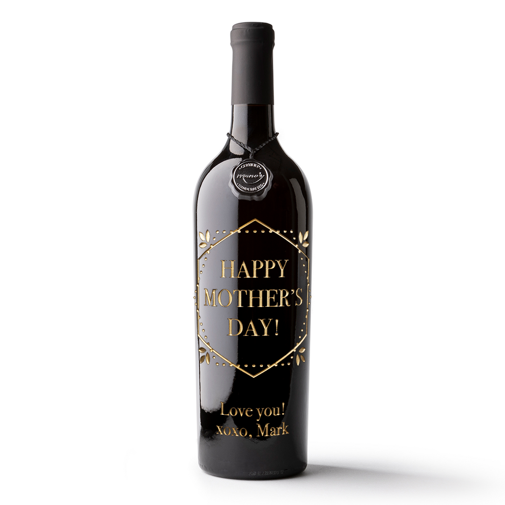 Mother's Day Custom Text Gold Frame Etched Wine Bottle