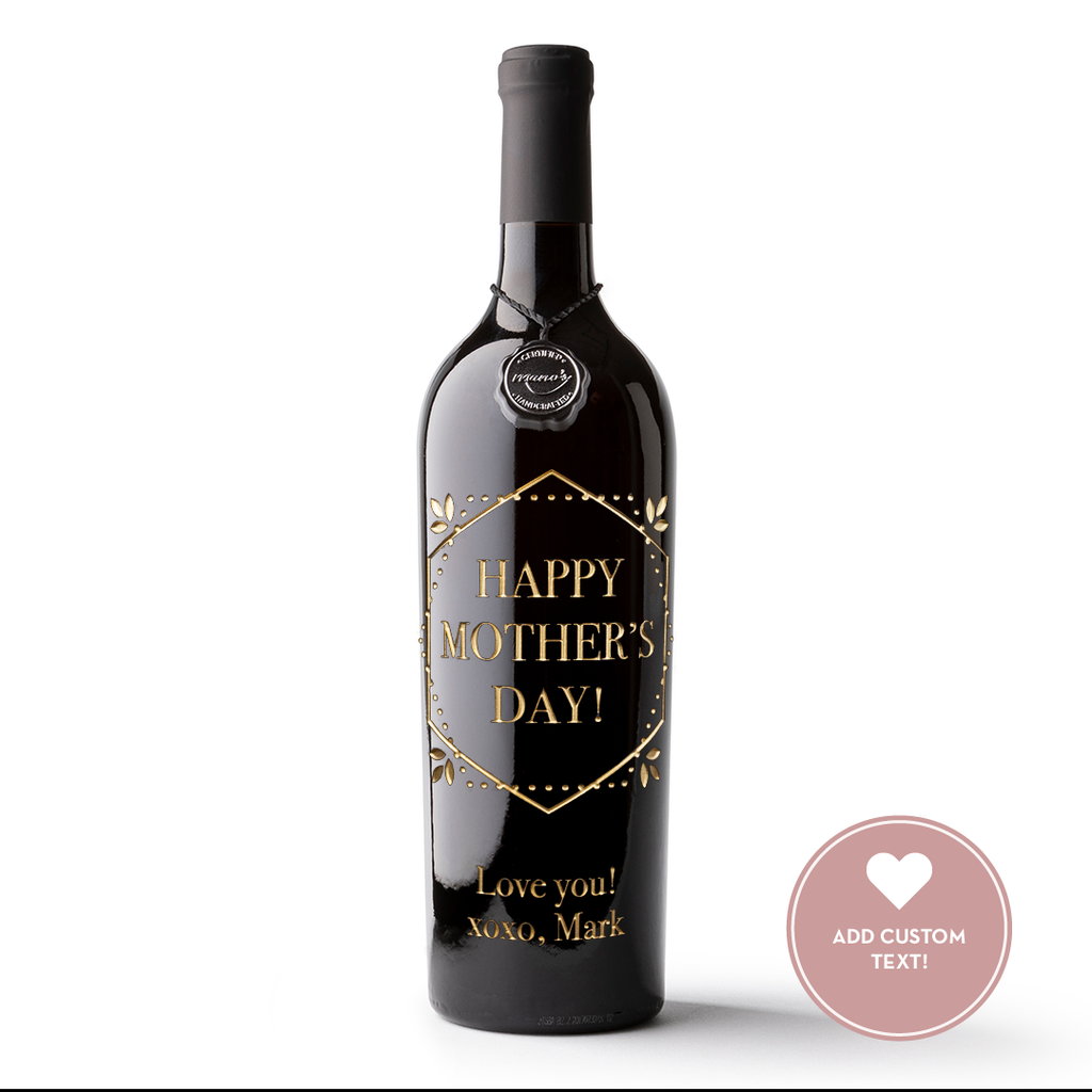 Mother's Day Custom Text Gold Frame Etched Wine Bottle