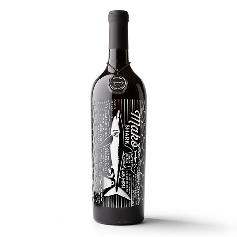 Mano's Wine bottle featuring Mako Shark Facts etched on the bottle of cabernet sauvignon