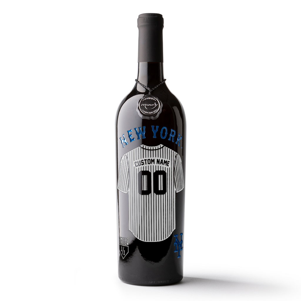 Mano's Wine bottle featuring a customizable New York Mets jersey etched on the wine bottle