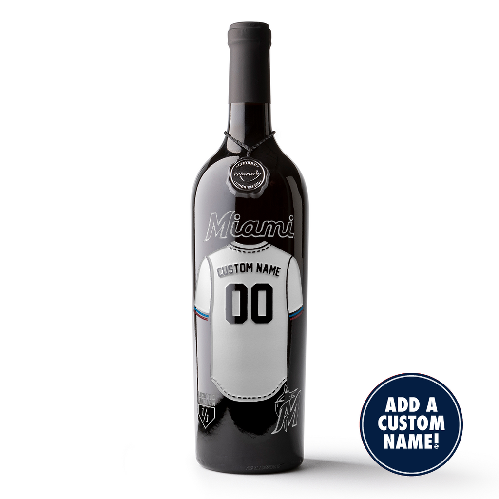 Mano's Wine Miami Marlins Custom Jersey Etched Wine bottle