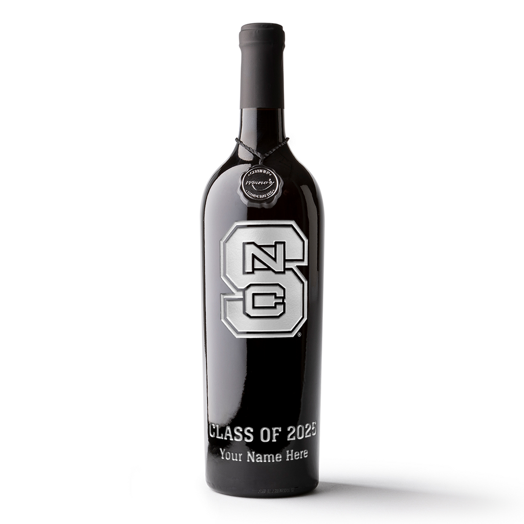 Customize an NC State Logo etched wine bottle with an alum's name and graduating year from Mano's Wine