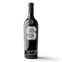 Customize an NC State Logo etched wine bottle with an alum's name and graduating year from Mano's Wine