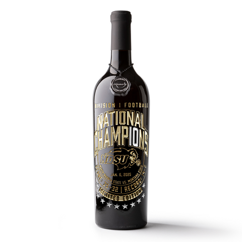North Dakota State University 10x Division 1 National Football Champions etched wine bottle from Mano's Wine