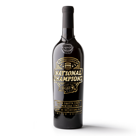 Mano's Wine bottle etched with gold text 2024 National Champions and NDSU logo