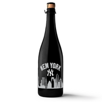 Mano's Wine metallic silver bottle of bubbly wine featuring the New York Yankees team logo and New York skyline
