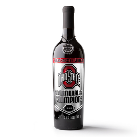 A Mano's Wine bottle of cabernet sauvignon wine etched with Ohio State 2024 National Champions 