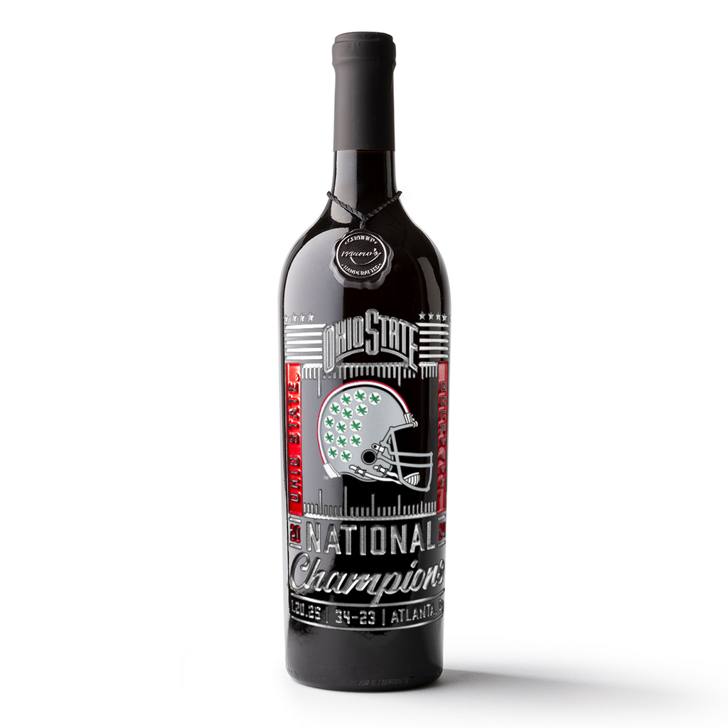 Mano's Wine cabernet sauvignon wine bottle etched with Ohio State University helmet and 2024 National Champions