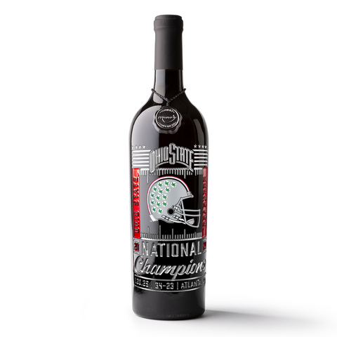 Mano's Wine cabernet sauvignon wine bottle etched with Ohio State University helmet and 2024 National Champions