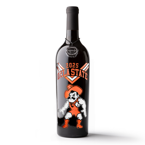Oklahoma State University limited edition wrestling etched wine bottle from Mano's Wine