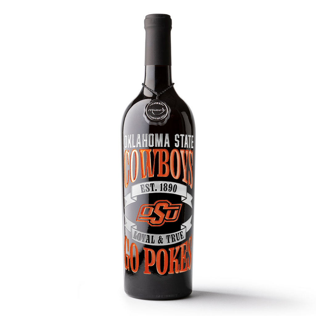 Mano's Wine bottle etched with Oklahoma State Cowboys, Go Pokes, OSU logo, established 1890, and Loyal & True